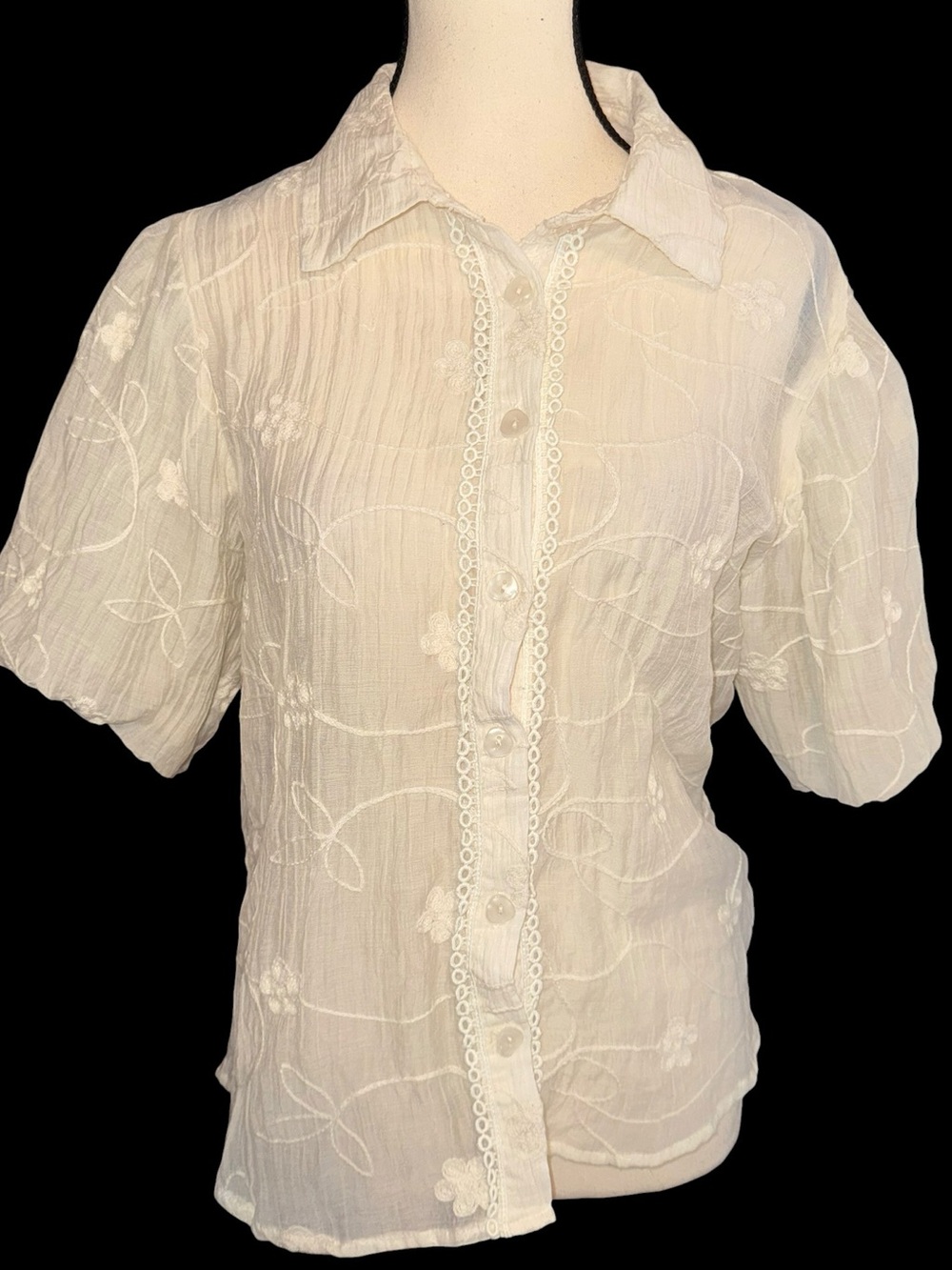 A.B.S. by Allen Schwartz Womens L Ivory Embroidered Tencel Blouse Cottagecore
